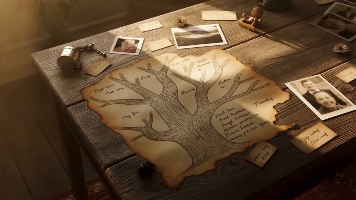 A hand-drawn family tree surrounded by old photographs
